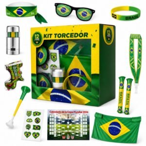 Kit copa do mundo 2026 torcedor de futebol brasil 12 itens bandeira comemoração acessórios