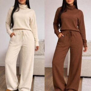 Conjunto feminino calça pantalona e blusa de gola alta manga longa tecido anarruga moda elegante