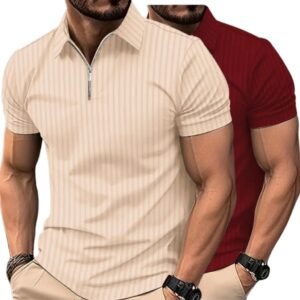 Kit 2 camisas camiseta polo manga curta com ziper masculina malha canelada