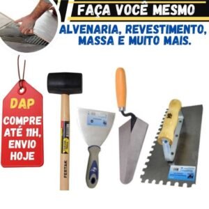 Kit obra 4 -desempenadeira dentada +colher de pedreiro profissional+ martelo borracha porcelanato