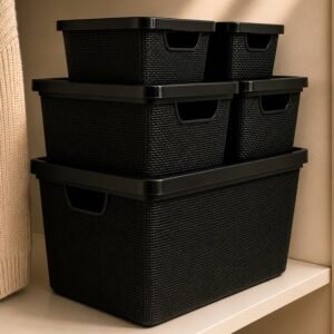 Kit até 5 caixas organizadoras com tampa cesto grande plástico resistente multiuso preto 2l 6l 16l