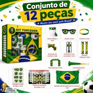 Kit torcedor copa do mundo 2026 brasil 12 itens torcida bandeira brasileira óculos pulseira adesivos
