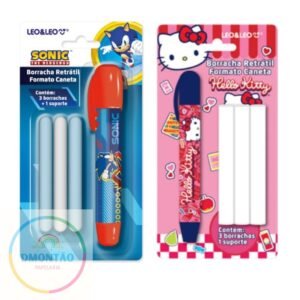 Borracha caneta retrátil hello kitty - blister c/ 1 suporte e 3 borrachas leo&leo