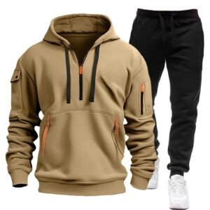 Novo estilo masculino terno outono inverno multi-bolso zíper forro de lã com capuz + moletom conjunto 2 peças