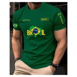 Camiseta de futebol masculina copa do mundo bandeira mapa brasil algodão confortável