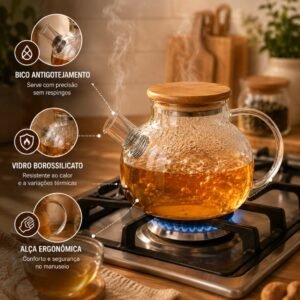 Chaleira de vidro borossilicato para fogão com filtro inox e tampa bambu 1000ml