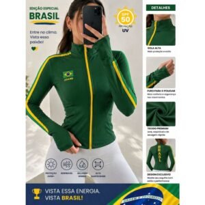 Blusa feminina manga longa estampa brasil moda fit com gola alta nas costas copa 2026