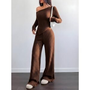 Conjunto mila feminino blusa assimétrica manga comprida + calça pantalona malha ribana moda inverno