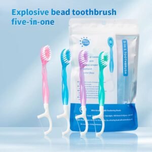Escova de dentes viagem descartável 4 em 1 com pasta grânulos e fio dental – kit 12 unidades