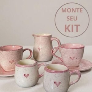 Jogo de xícaras cerâmica rosa com pires e leiteira | kit café completo decorativo