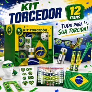 Kit torcedor copa do mundo 2026 brasil futebol bandeira faixa confete corneta oculos