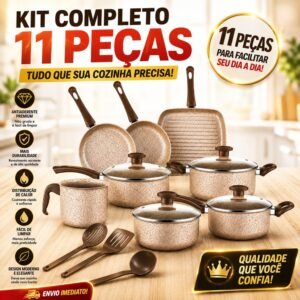 Jogo de panelas antiaderente peças - com tampas vidro e utensílios, cabos térmicos