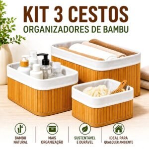Kit 3 cestos organizadores de bambu multiuso com forro
