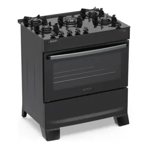Fogão 5 bocas atlas atenas glass a gás com mesa de vidro e mega chama preto bivolt