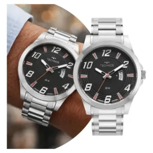 Relógio de pulso masculino technos analógico prata e preto com caixa pulseira aço inoxidável à prova d` água