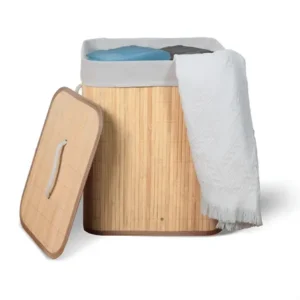 Cesto de roupa suja bambu com tampa e alças 50 litros kontuz
