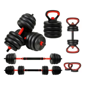 Kit halteres 6 em 1 peso musculação até 40kg ajustável halter, kettlebell, anilha cor preto-vermelho + e-book