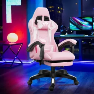 Cadeira gamer python fly rosa/branco reclinável 150kg apoio de pés couro sintético