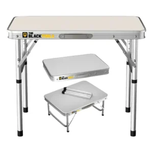 Mesa dobrável praia camping alumínio 60x45cm vira maleta cor branco e prateado the black tools