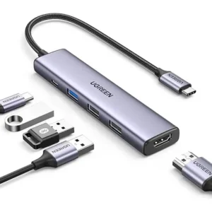 Hub 5 em 1 ugreen usb-c para 3* usb + hdmi 4k tipo-c 100w prateado