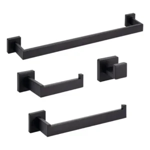Kit acessórios banheiro preto fosco 4 peças quadrado barra toalha porta papel higiênico e ganchos inox antiferrugem instalação com parafuso winda