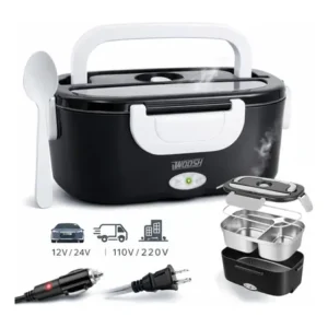 Marmita elétrica preta bivolt portátil doméstica 110/220v veicular 12/24v lancheira 1.5l com divisórias esquenta rápido refeições práticas trabalho casa carro caminhão viagem faculdade woosh