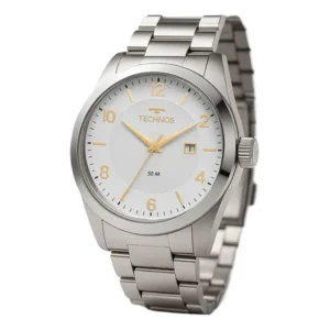 Relógio technos masculino steel prata quartz aço inox com calendário prateado branco