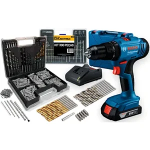 Parafusadeira e furadeira de impacto bosch a bateria 18v maleta - gsb 183-li com kit brocas buchas bits 300 peças