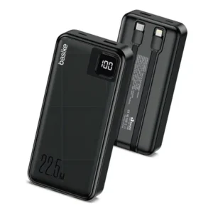Power bank basike 20000mah preto, carga rápida 22.5w para iphone e samsung, com cabos embutidos display