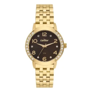 Kit relógio condor feminino elegante dourado - co2035nrw/k4m fundo marrom