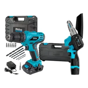 Kit furadeira parafusadeira + mini motosserra bat philco cor preto e azul frequência 60hz