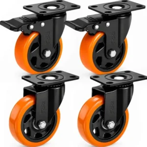 Kit 4 rodinhas para moveis pesados rodízio grande reforçada com trava e sem roda giratória 3 polegadas 75mm material pvc ideal moveis, carrinhos, bancadas de trabalho marca rrj laranja