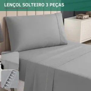 Kit jogo de lençol solteiro 3 peças ponto palito c/ fronha percal 400 fios maciez e conoforto prolongado cor cinza