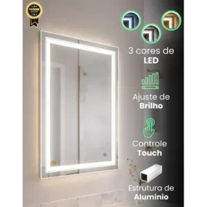 Espelho led touch 90 x 70cm 3 cores p/ banheiro penteadeira maquiagem na frente