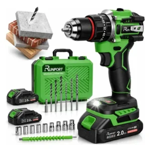 Furadeira parafusadeira 21v sem escova runport kit c/2 2000mah baterias maleta e acessórios profissional 3 em 1 ferramentas (perfura parafusa impacto) 50n.m 60hz verde