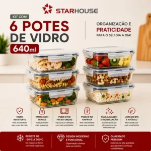 Kit 6 potes 640ml vidro hermético 4 travas marmita refratario star house com de super vedação