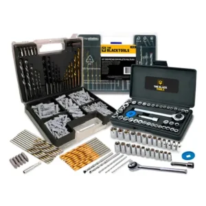 Jogo de brocas buchas e bits com 300 peças maleta + kit chaves catraca reversível 40 the black tools