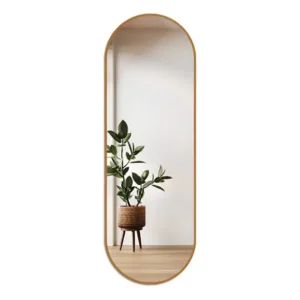 Espelho oval moderno 160x55cm moldura couro caramelo parede decorativo
