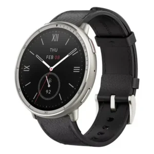 Relógio smartwatch active 2 amazfit caixa prateado pulseira preto bisel desenho da couro premium