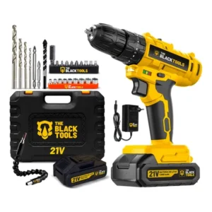 Parafusadeira furadeira de impacto a bateria 21v 3/8 bivolt 1400 rpm com acessórios e maleta tb-21pzw the black tools amarelo 127/220v 60 hz