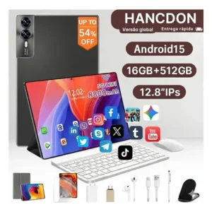 Tablet android 15 hancdon tab kit completo ram 16gb 512gb 12,8'' hd tela apoia wifi 2,4/4g/5g dual sim bateria 8800mah... preto