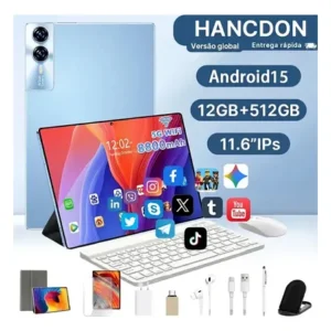 Tablet tab hancdon 12gb ram 512gb 11.6 inch 8800mah tela360° android 15 câmera 48mp + selfie 24mp caneta+bluetooth teclado mouse cor ciano