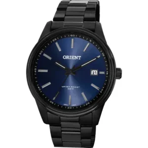 Relógio orient masculino aço preto fundo azul analógico resistência 50m