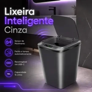 Lixeira inteligente sensor automático 16l cinza smart recarregável para banheiro e cozinha