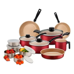Jogo de panelas tramontina turim 12pçs c/ kit tigelas inox vermelho