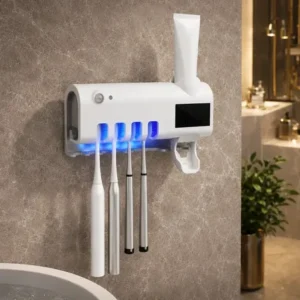 Dispenser pasta de dente com porta escova suporte parede para 4 escovas branco esterilizador uv ligeiro