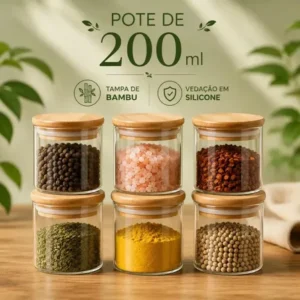 Kit com 6 potes 200ml porta temperos condimentos mantimentos tampa bambu vedação hermética vidro borossilicato premium resistente cozinha bravli transparente