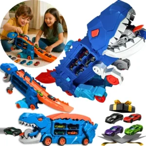 Caminhão dinossauro zornix com pista e lançador de carrinhos azul