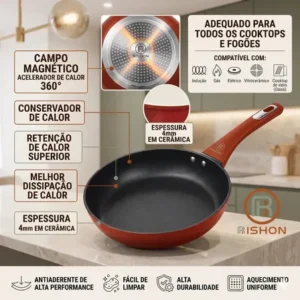 Frigideira cerâmica 24cm antiaderente grande fogão a gás indução cooktop elétrico panela frita sem óleo não gruda rishon vermelha vermelho
