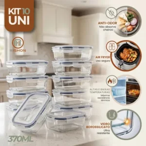 Kit 10 pote de vidro marmita hermético 370ml freezer fitness rishon transparente